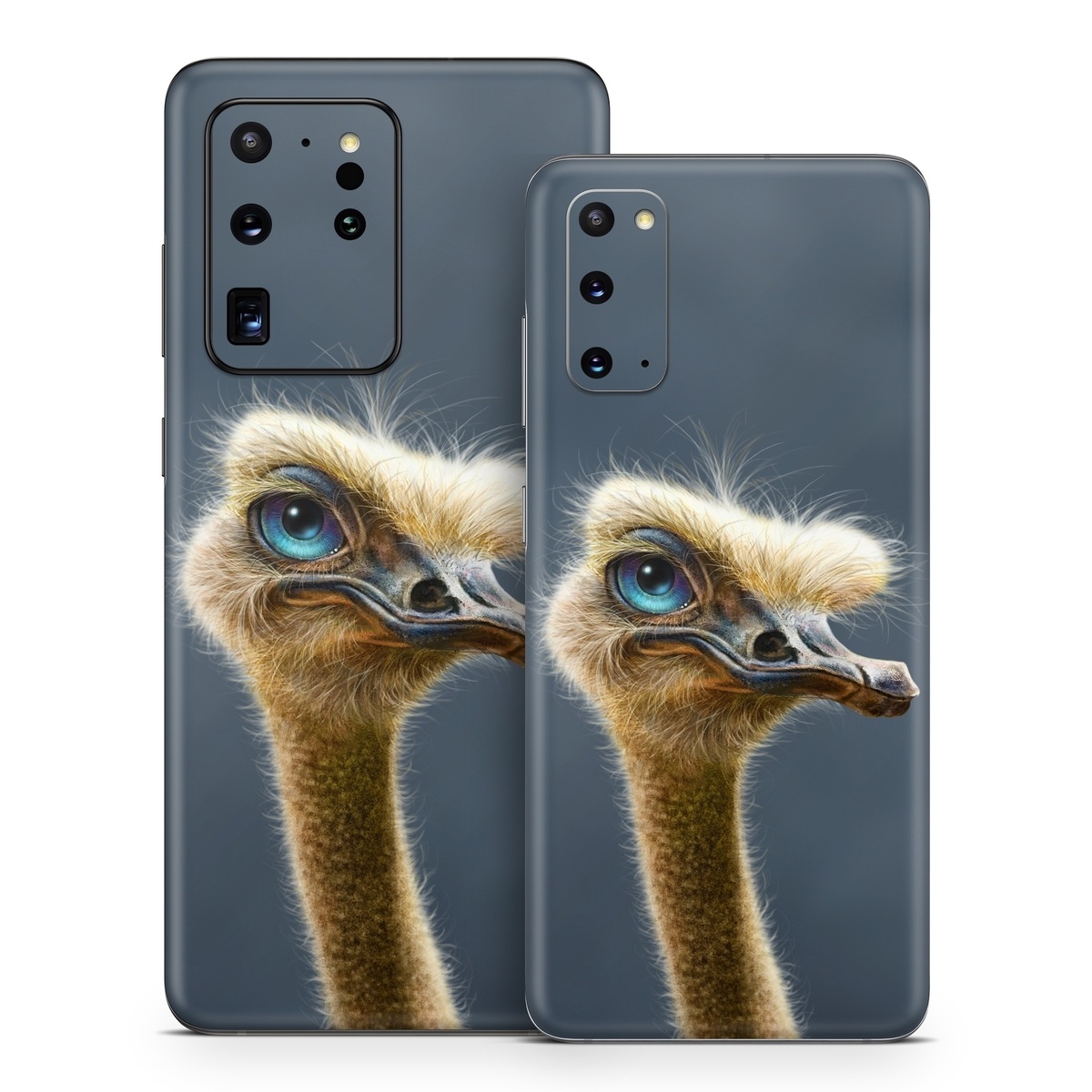 Samsung Galaxy S20 Series Skin design of Ostrich, Flightless bird, Ratite, Bird, Beak, Close-up, Emu, Wildlife, Organism, Terrestrial animal, with black, gray, blue, green, red colors