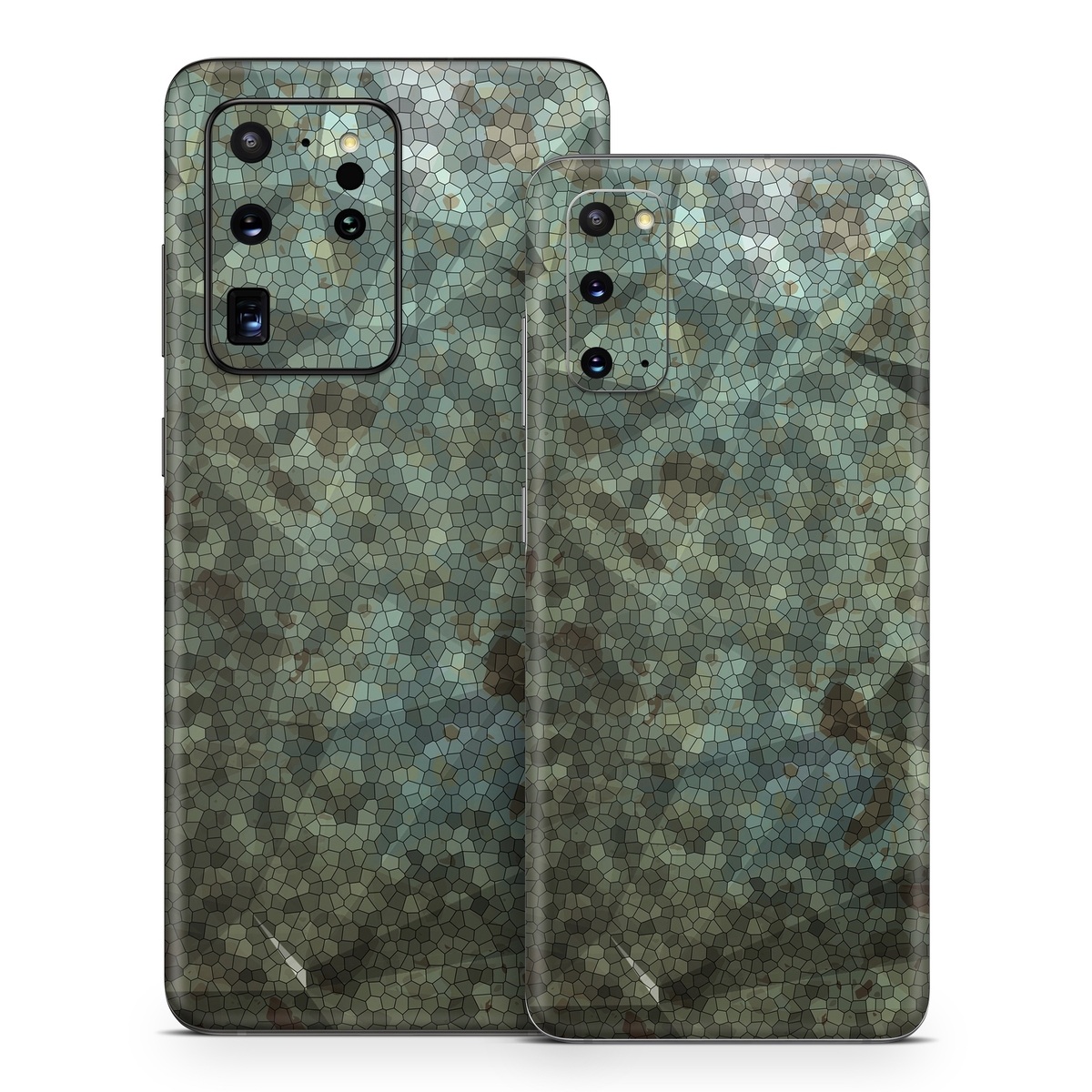 Samsung Galaxy S20 Series Skin design of Green, Pattern, Brown, Wall, Design, Rock, Geology, Camouflage, Granite, Metal, with black, brown, blue, gray, white colors
