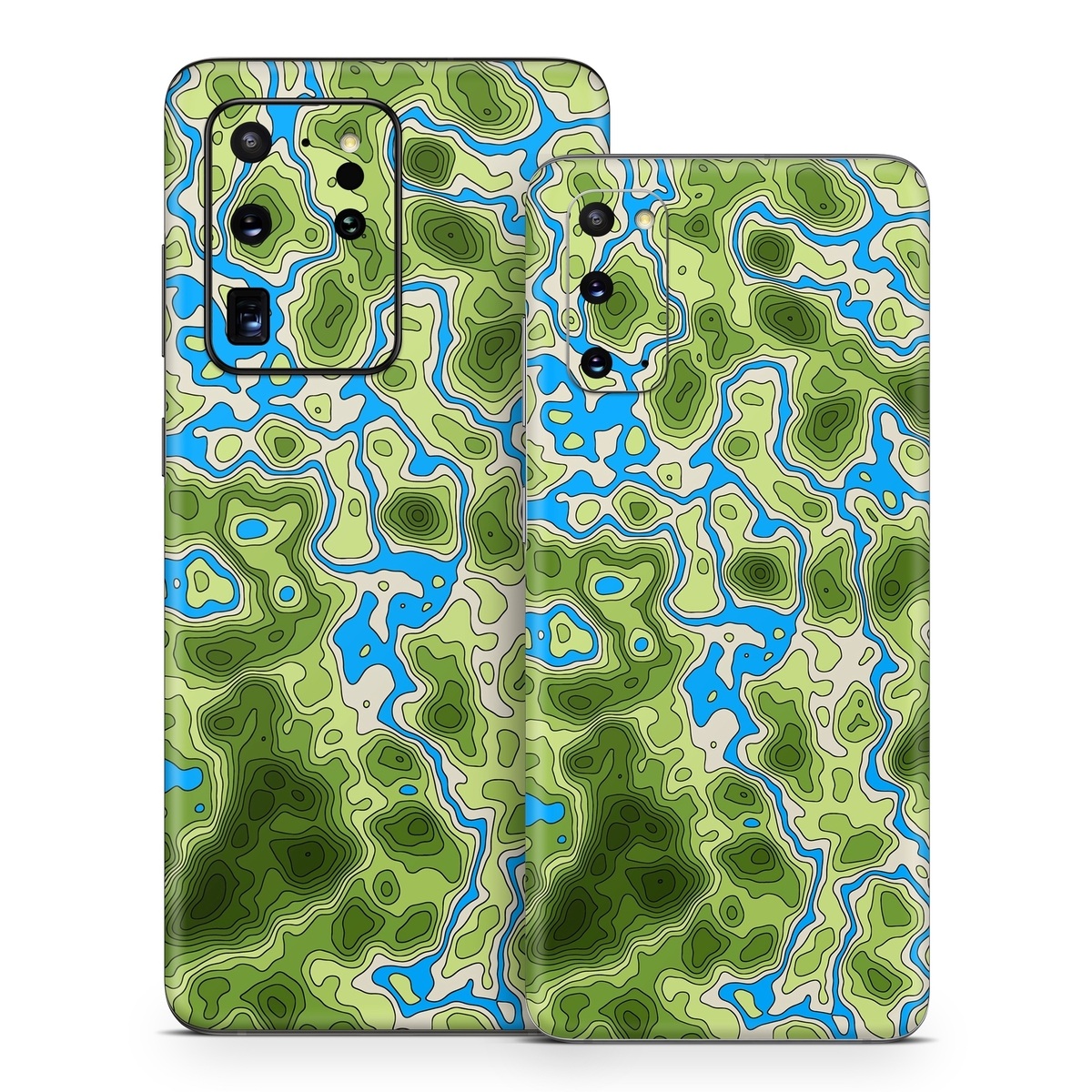 Samsung Galaxy S20 Series Skin design of Botany, Azure, Organism, Vegetation, Aqua, Terrestrial plant, Symmetry, Electric blue, Pattern, Art, with green, blue colors