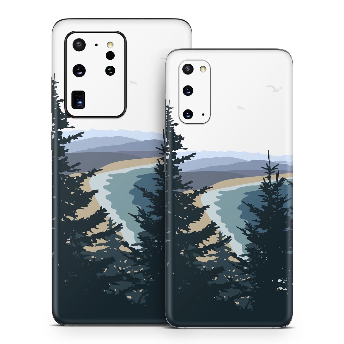 Samsung Galaxy S20 Series Skin design of Sky, Plant, Mountain, Natural landscape, Branch, Larch, Tree, Highland, Atmospheric phenomenon, Evergreen, with white, blue, yellow, gray, black, green colors
