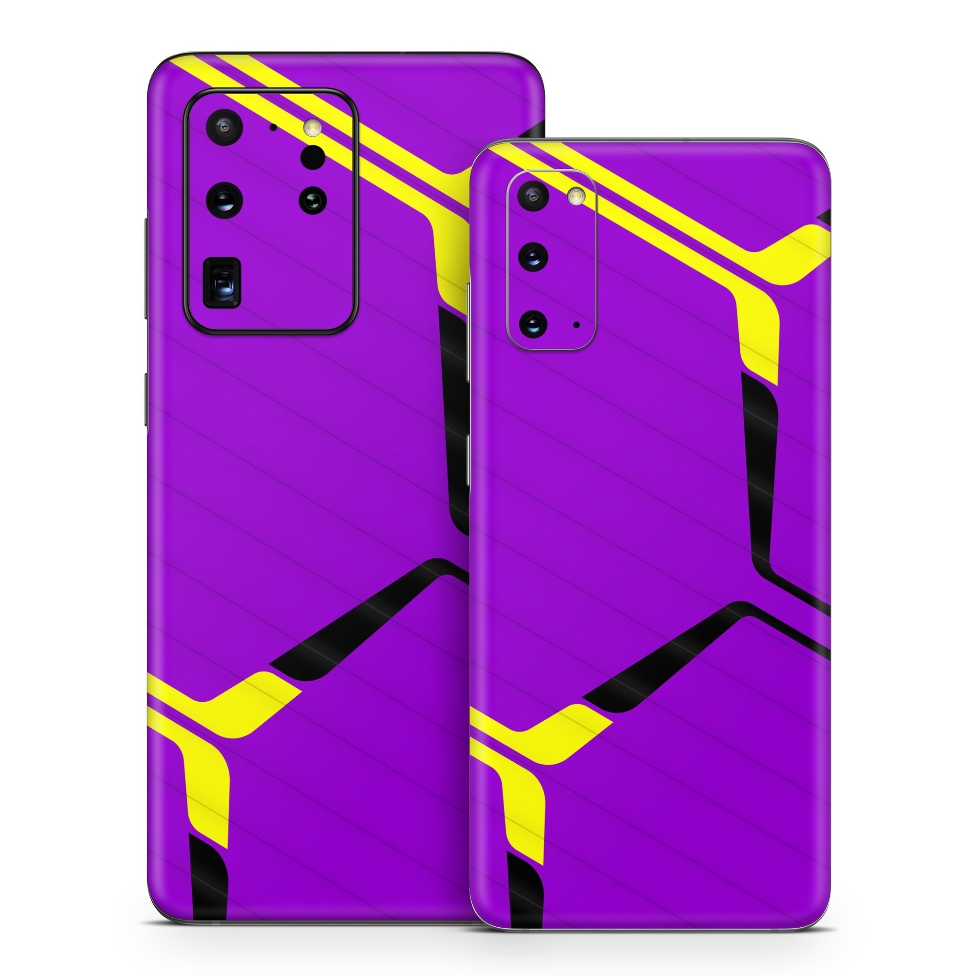Samsung Galaxy S20 Series Skin design of Colorfulness, Purple, Violet, Line, Magenta, Parallel, Symmetry, Pattern, Electric blue, Font, with purple, yellow, black colors