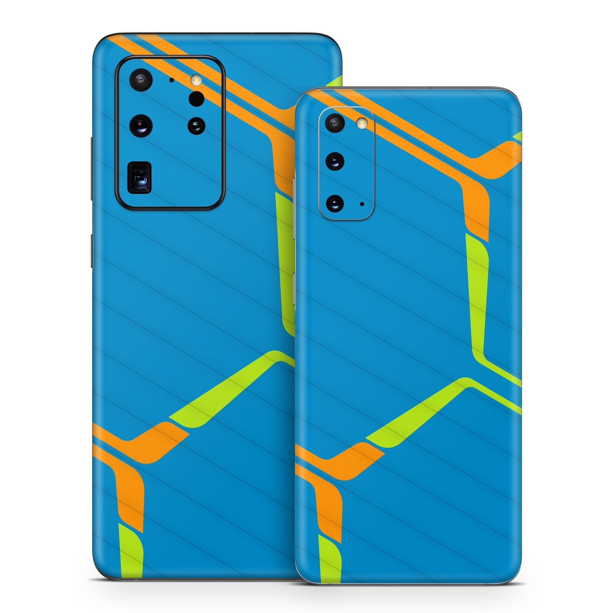 Samsung Galaxy S20 Series Skin design of Azure, Triangle, Rectangle, Parallel, Electric blue, Symmetry, Font, Pattern, Circle, Sky, with blue, orange, green colors