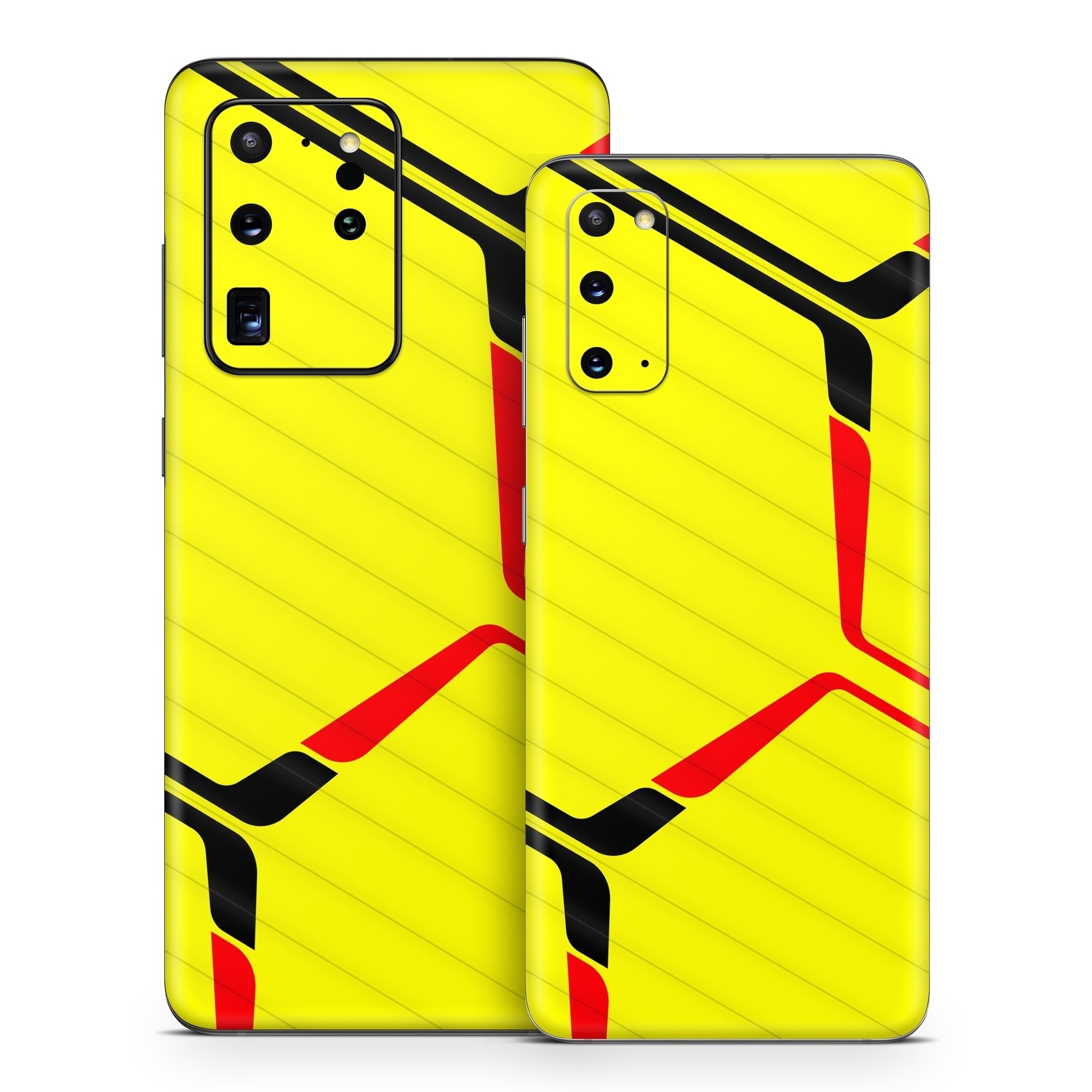 Samsung Galaxy S20 Series Skin design of Rectangle, Yellow, Parallel, Font, Tints and shades, Wood, Triangle, Pattern, Graphics, Symmetry, with yellow, black, red colors