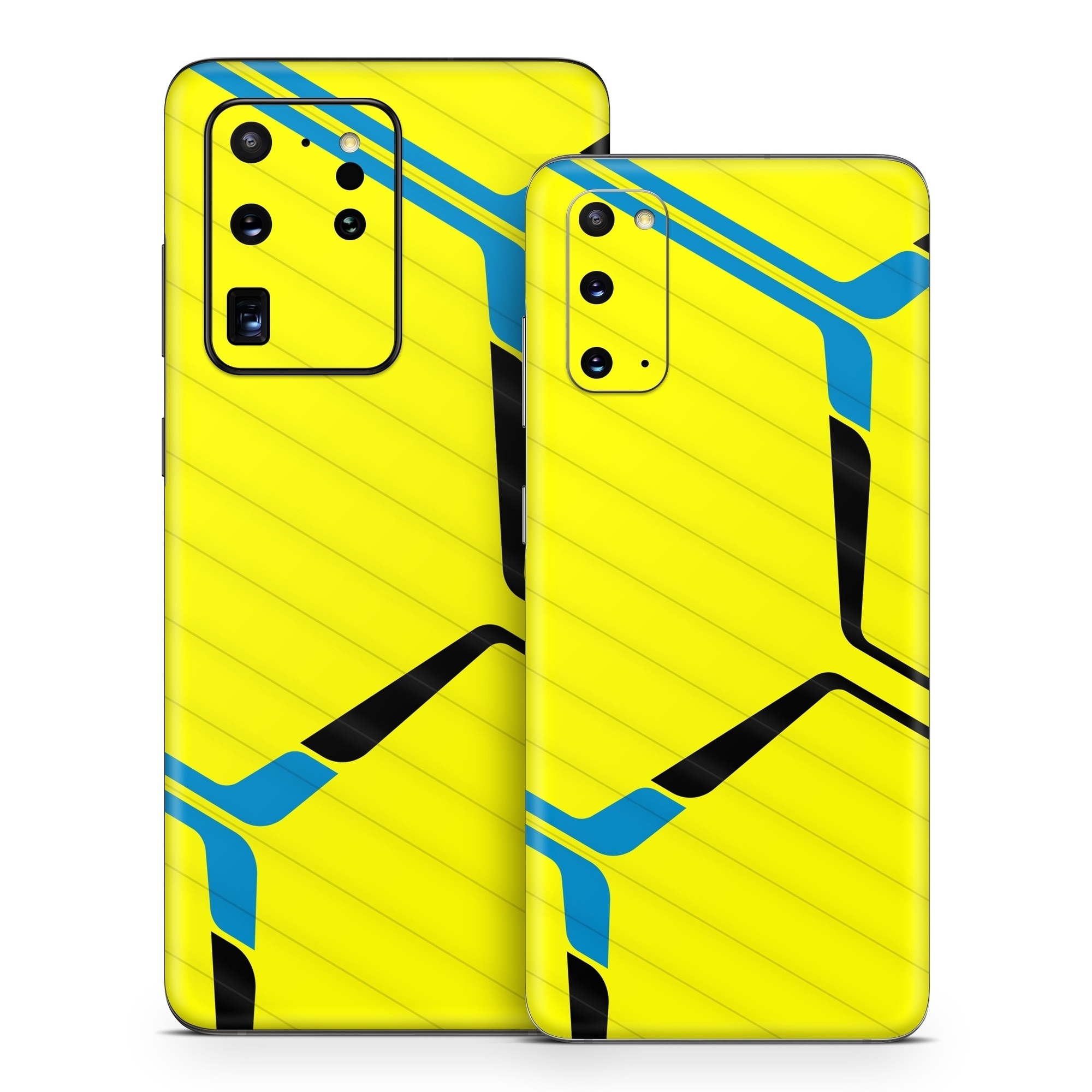 Samsung Galaxy S20 Series Skin design of Azure, Triangle, Font, Parallel, Symmetry, Pattern, Electric blue, Symbol, Rectangle, Design, with yellow, blue colors