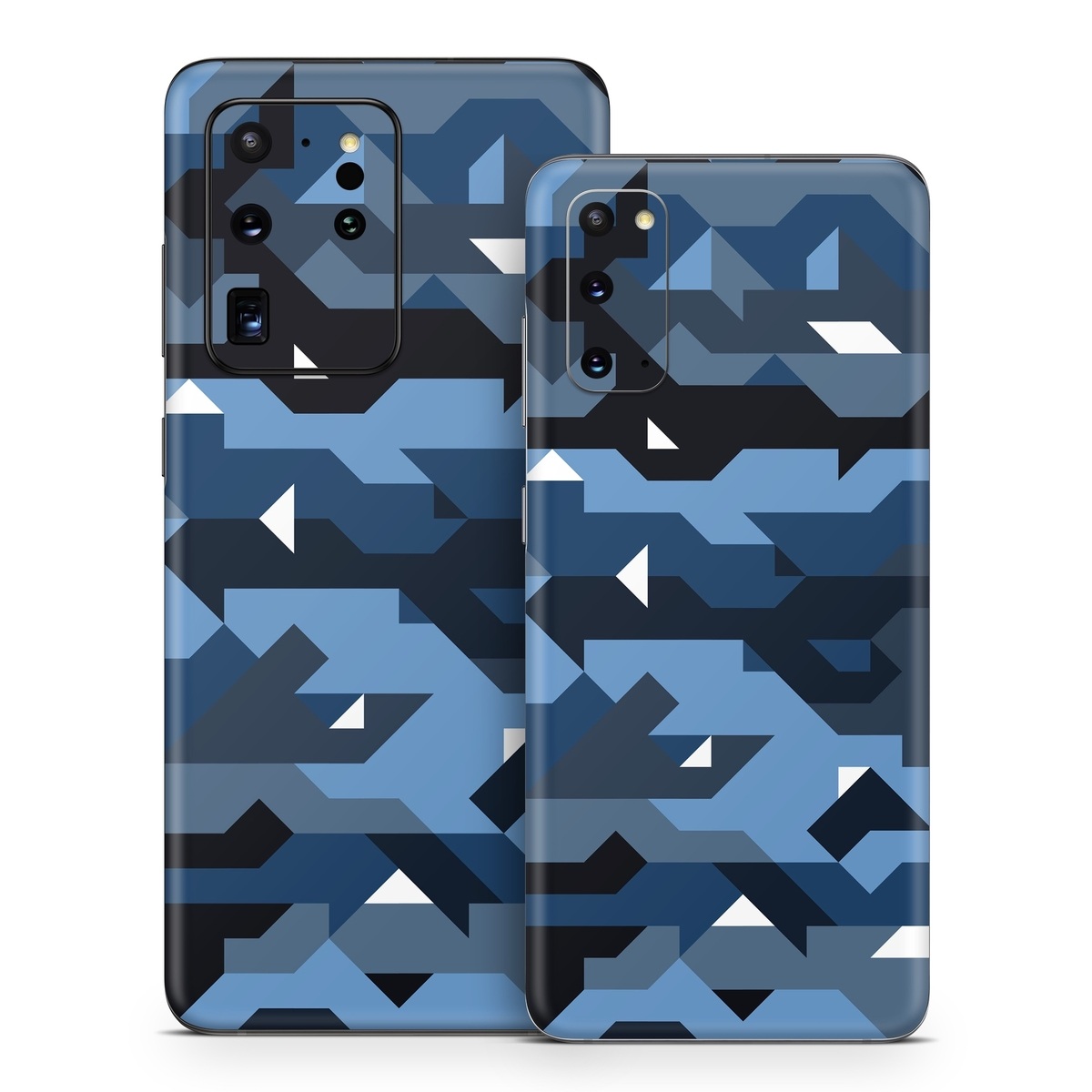 Samsung Galaxy S20 Series Skin design of Blue, Pattern, Design, Font, Line, Camouflage, Illustration, Triangle, with blue, black, white, gray colors
