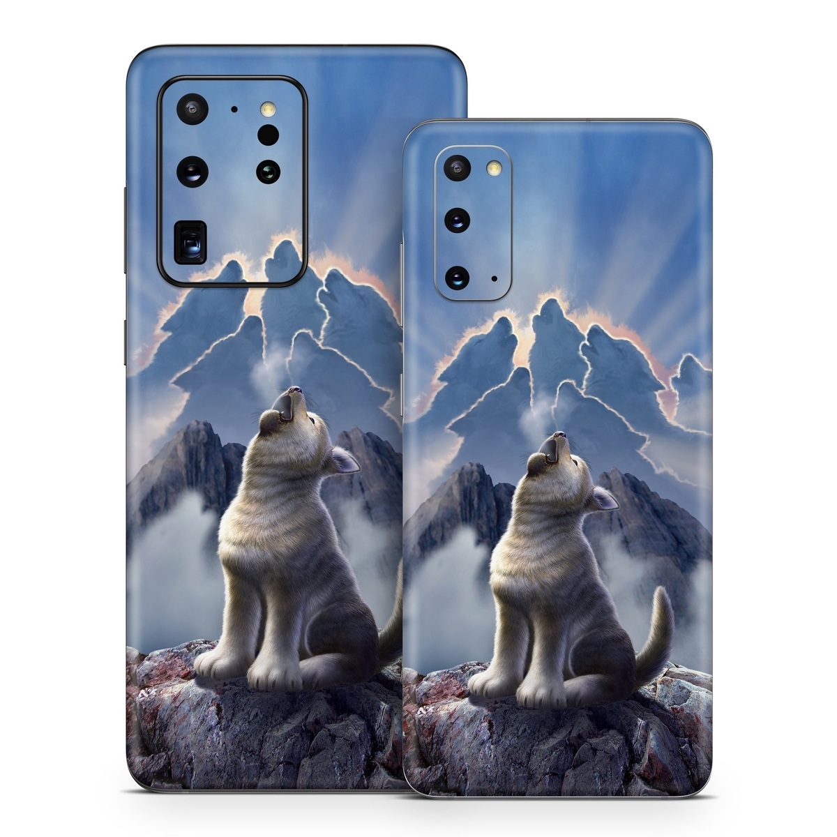 Samsung Galaxy S20 Series Skin design of Sky, Cloud, Atmosphere, Rock, Wolf, Photography, Cg artwork, Illustration, Mountain, Mythology, with white, blue, gray, brown colors