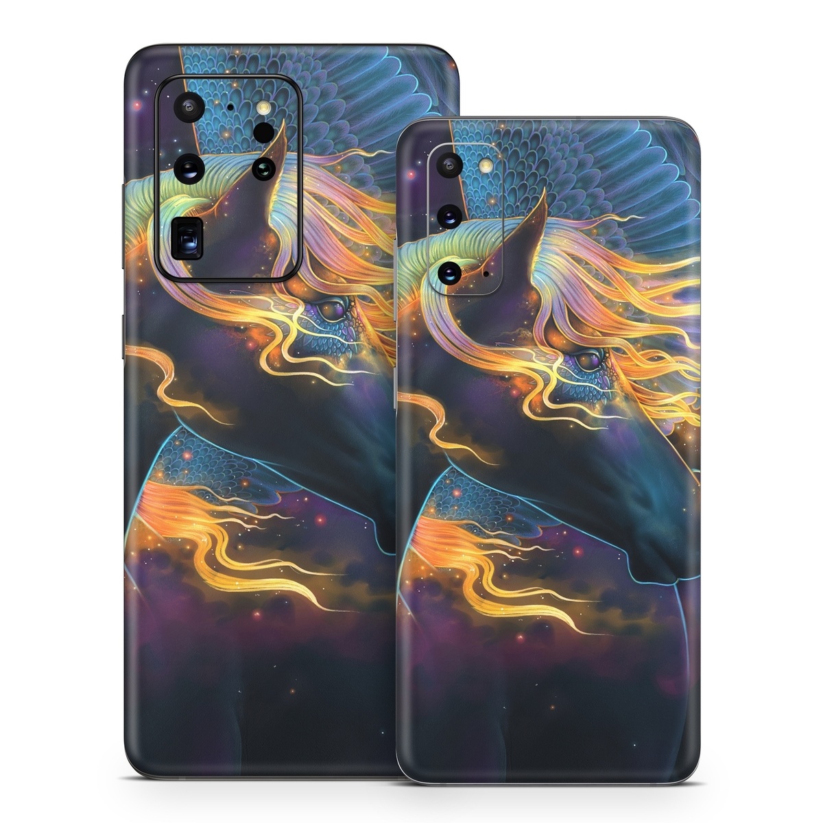 Samsung Galaxy S20 Series Skin design of Organism, Astronomical object, Art, Electric blue, Space, Darkness, Liquid, Science, Graphics, Visual arts, with black, blue, yellow, white, orange, purple, red colors