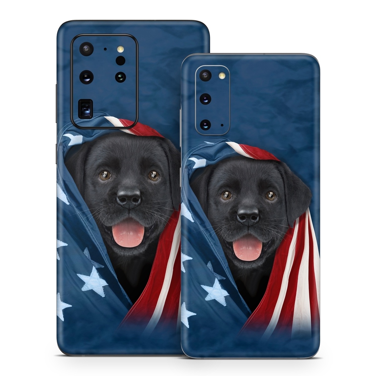 Samsung Galaxy S20 Series Skin design of Canidae, Dog, Dog breed, Flag, Snout, Carnivore, Sporting Group, Labrador retriever, Flag of the united states, Puppy, with black, gray, white, blue, red colors