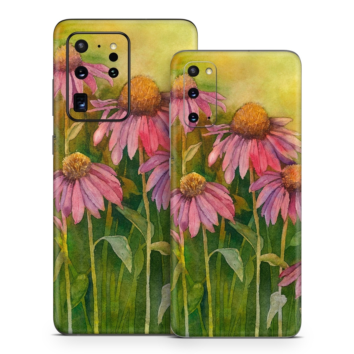 Samsung Galaxy S20 Series Skin design of Flowering plant, Purple coneflower, Coneflower, Flower, Plant, Watercolor paint, Wildflower, black-eyed susan, Petal, Daisy family, with black, green, red, gray, purple colors