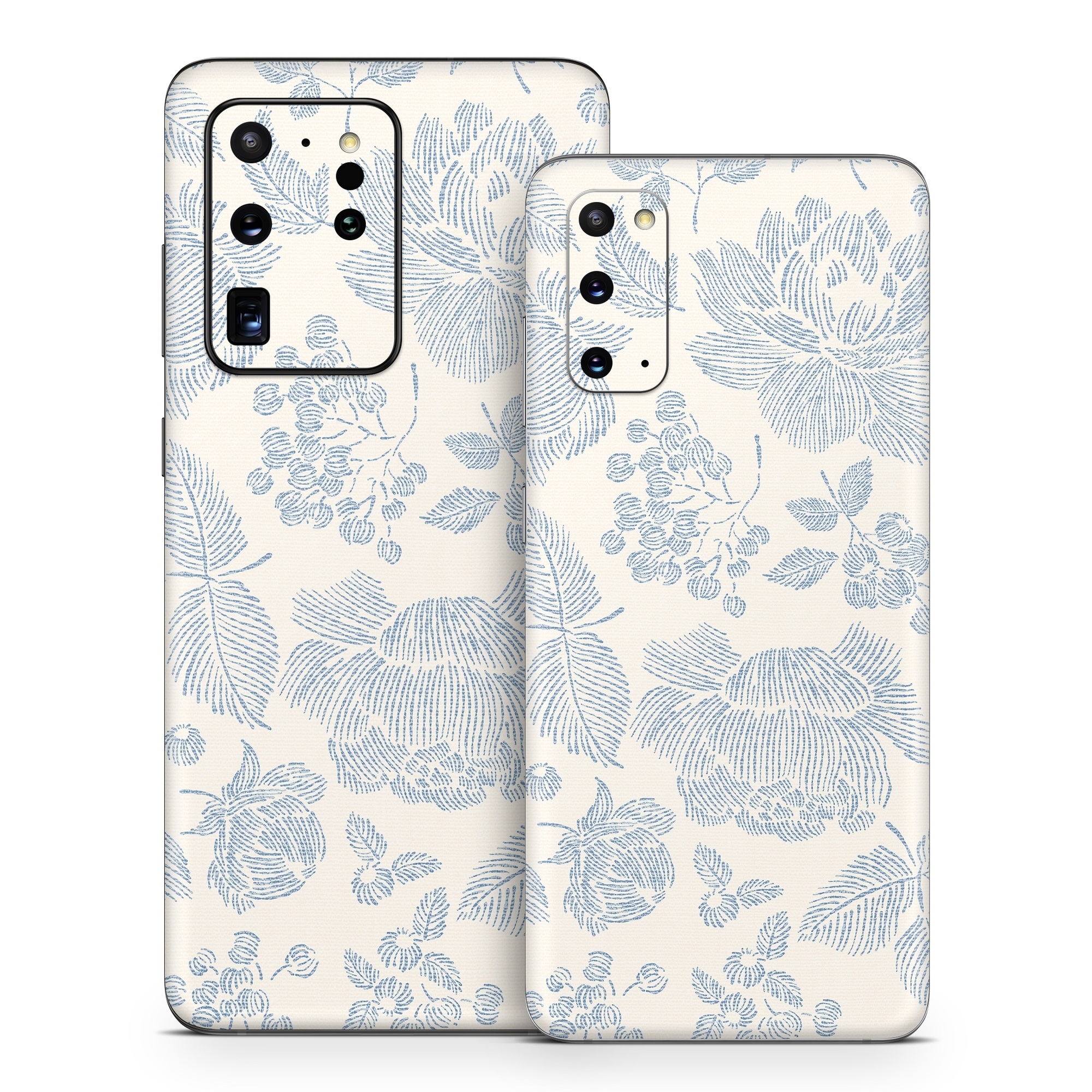 Samsung Galaxy S20 Series Skin design of White, Botany, Leaf, Textile, Branch, Organism, Art, Aqua, Line, Rectangle, with white, blue colors