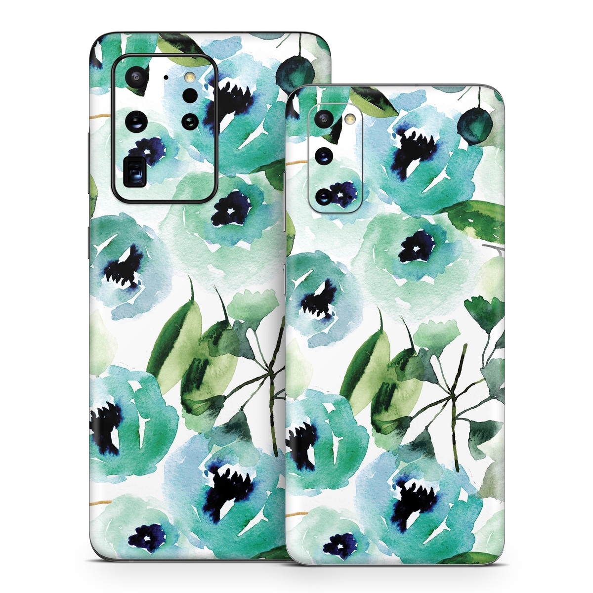 Samsung Galaxy S20 Series Skin design of Green, Pattern, Leaf, Aqua, Plant, Design, Branch, Organism, Flower, Ivy, with white, green, blue, black colors