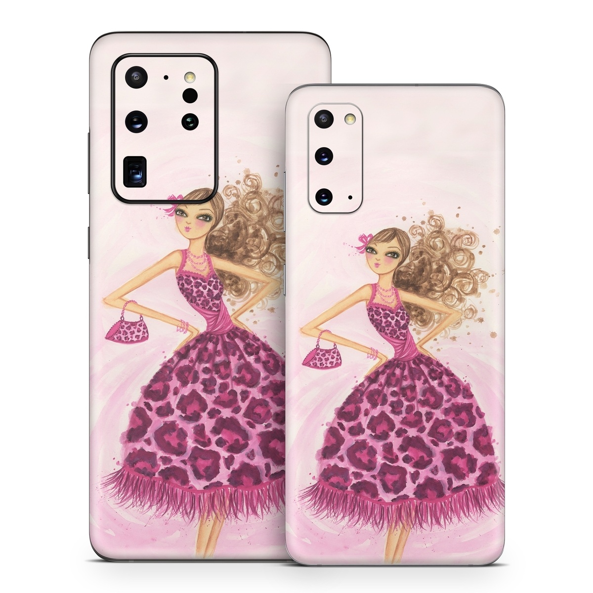 Samsung Galaxy S20 Series Skin design of Pink, Doll, Dress, Fashion illustration, Barbie, Fashion design, Illustration, Gown, Costume design, Toy, with pink, gray, red, purple, green colors