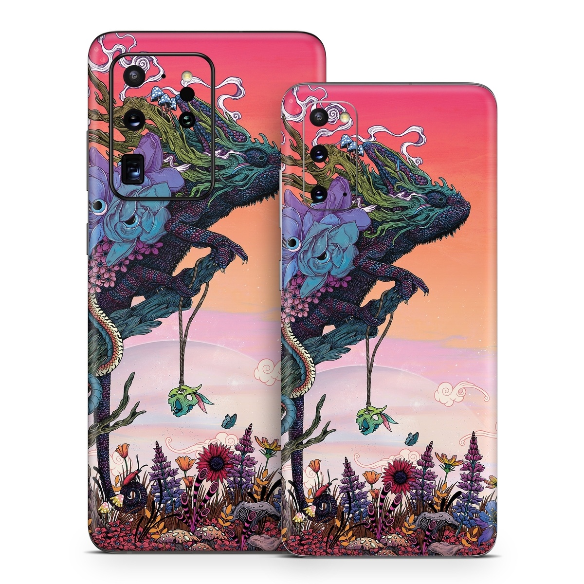 Samsung Galaxy S20 Series Skin design of Illustration, Fictional character, Fiction, Art, Organism, Plant, Tree, Graphic design, Cg artwork, with red, orange, green, purple, white, blue, brown colors