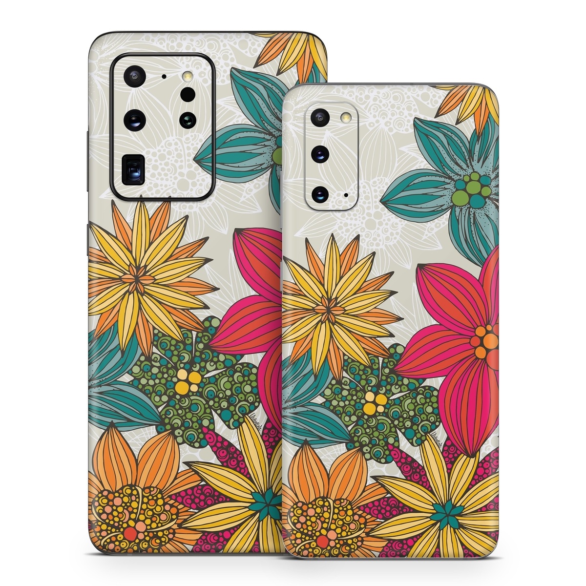 Samsung Galaxy S20 Series Skin design of Floral design, Pattern, Flower, Wildflower, Plant, Botany, Leaf, Design, Textile, Visual arts, with blue, yellow, red, green, orange, gray colors