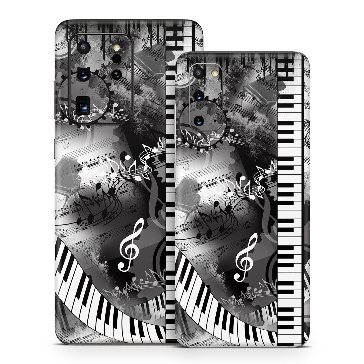 Samsung Galaxy S20 Series Skin design of Music, Monochrome, Black-and-white, Illustration, Graphic design, Musical instrument, Technology, Musical keyboard, Piano, Electronic instrument, with black, gray, white colors