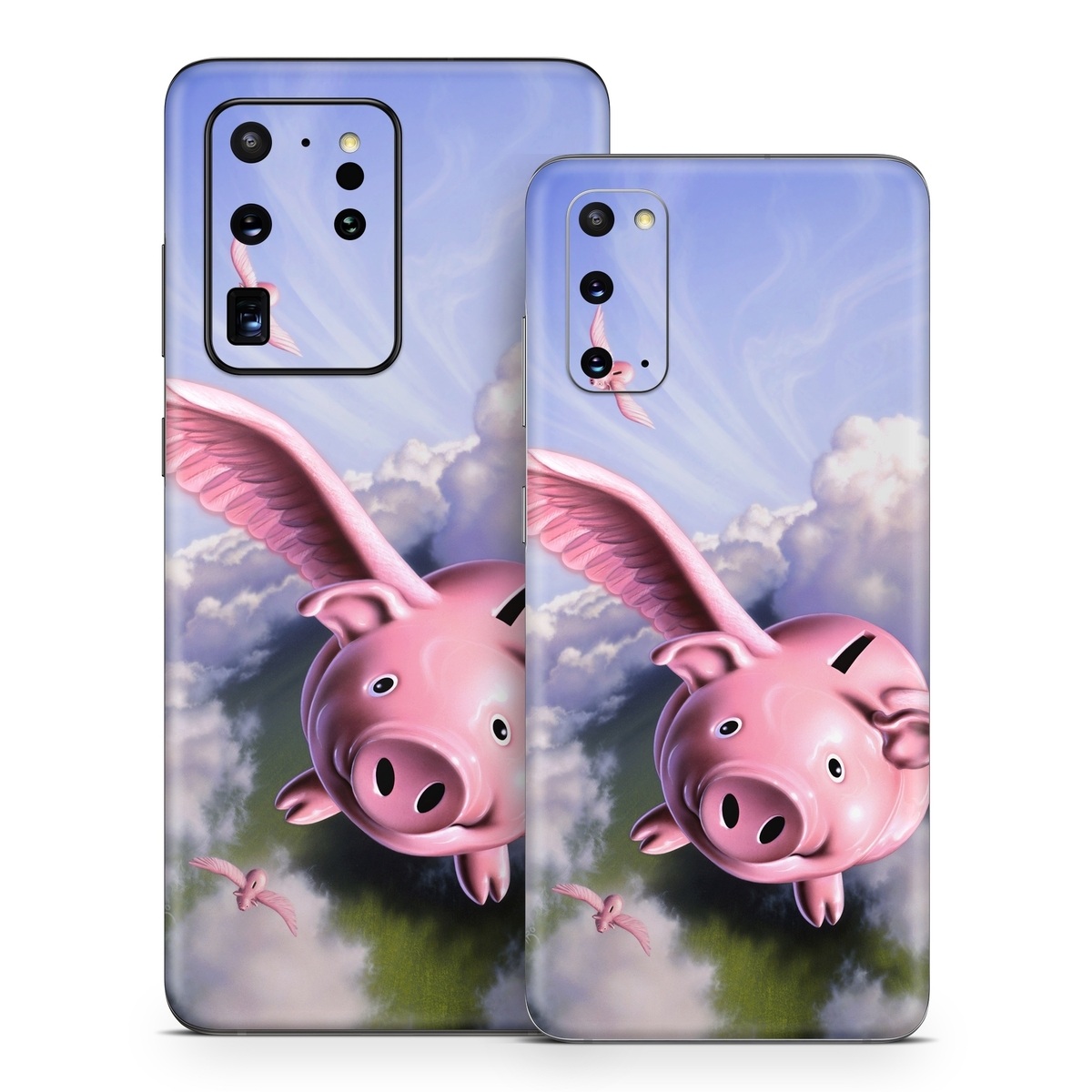 Samsung Galaxy S20 Series Skin design of Cloud, Sky, Happy, Pink, Bird, Art, Wing, Snout, Wind, Fictional character, with pink, white, blue, gray, green colors