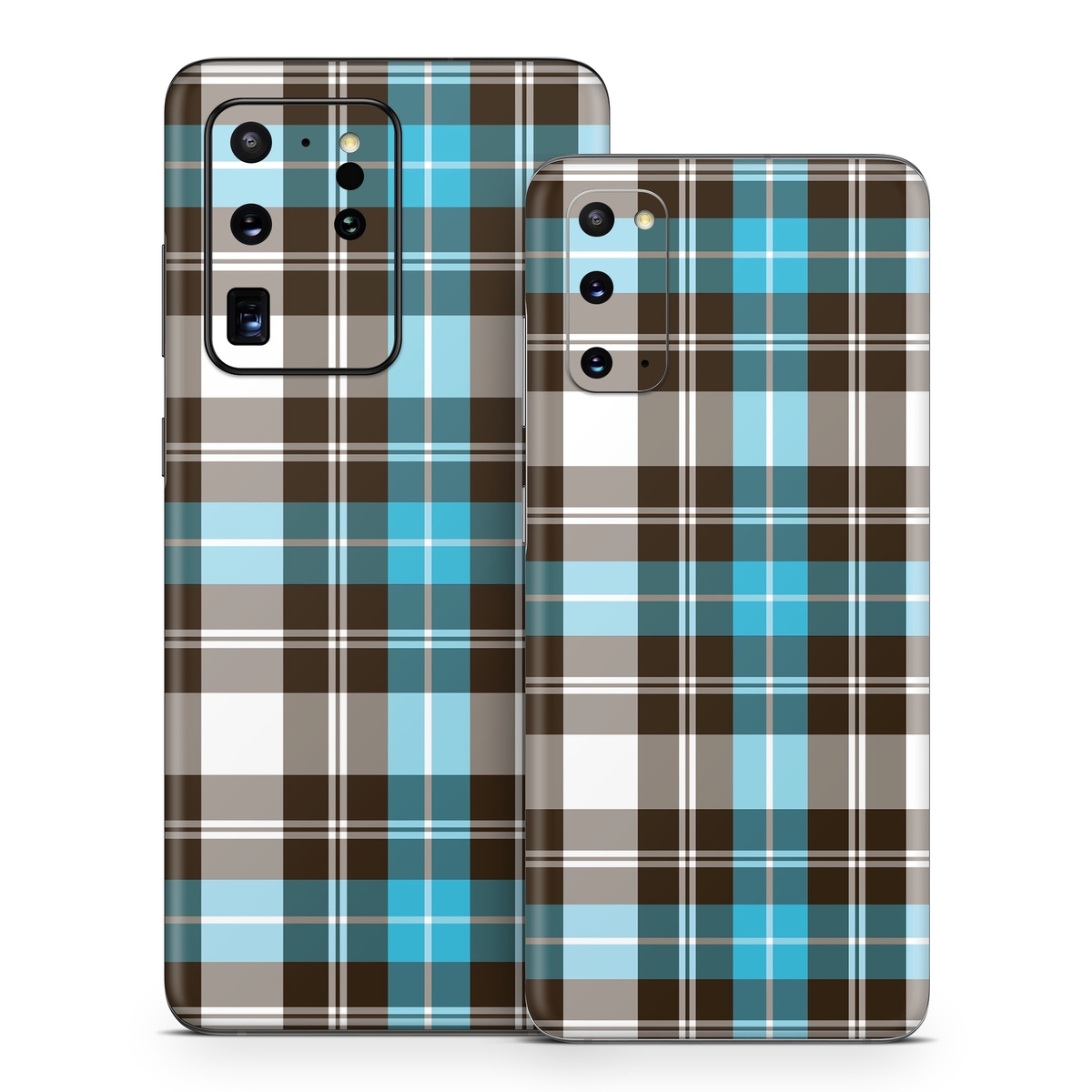 Samsung Galaxy S20 Series Skin design of Plaid, Pattern, Tartan, Turquoise, Textile, Design, Brown, Line, Tints and shades, with gray, black, blue, white colors