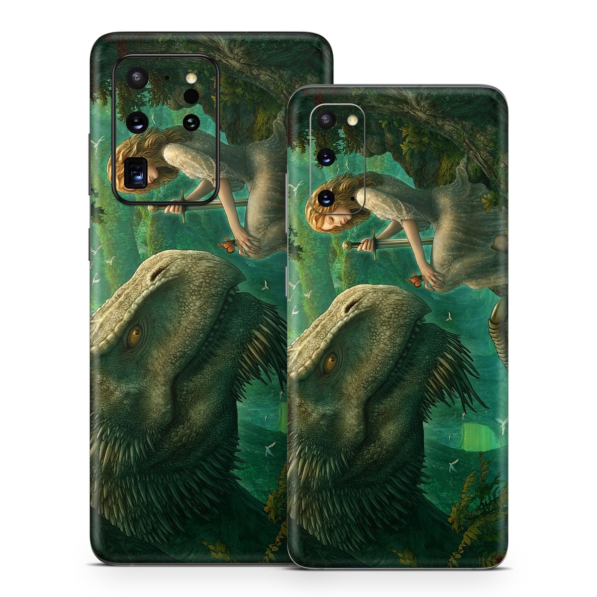 Samsung Galaxy S20 Series Skin design of Dinosaur, Cg artwork, Mythology, Fictional character, Troodon, Extinction, Velociraptor, Illustration, Animated cartoon, Tyrannosaurus, with black, green, gray, red colors