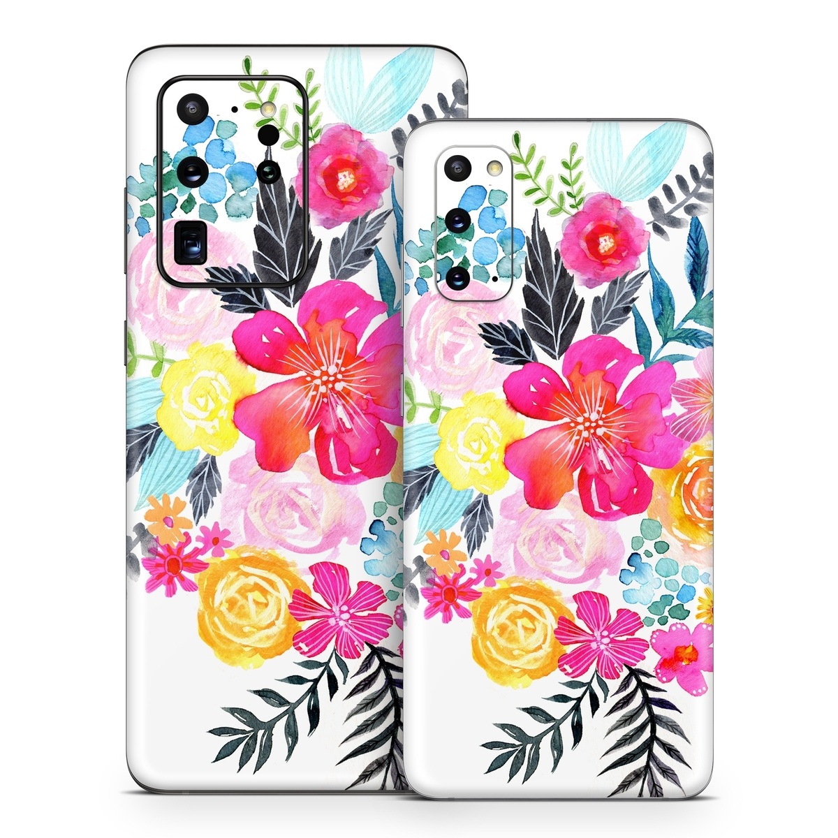 Samsung Galaxy S20 Series Skin design of Flower, Clip art, Bouquet, Plant, Illustration, Floral design, Pink, Petal, Botany, Design, with white, pink, orange, red, yellow, blue, black, green colors