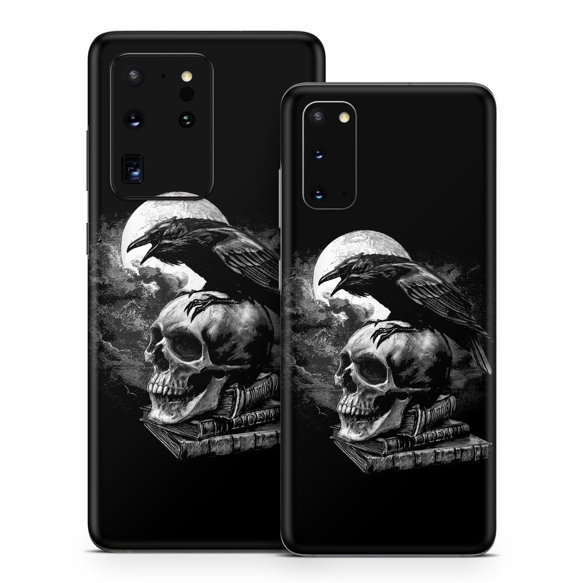 Samsung Galaxy S20 Series Skin design of Bone, Skull, Bird, Darkness, Monochrome, Wing, Black-and-white, Illustration, Beak, Fictional Character, Drawing, Symbol, with black, white, gray colors