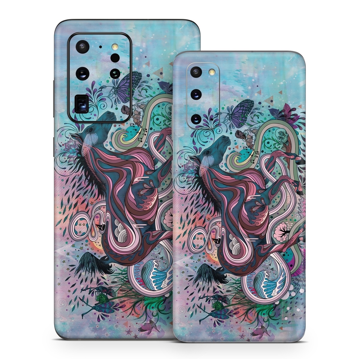 Samsung Galaxy S20 Series Skin design of Illustration, Art, Visual arts, Graphic design, Fictional character, Psychedelic art, Pattern, Drawing, Painting, Mythology, with gray, black, blue, red, purple colors
