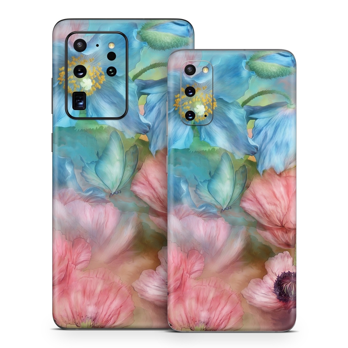 Samsung Galaxy S20 Series Skin design of Flower, Petal, Watercolor paint, Painting, Plant, Flowering plant, Pink, Botany, Wildflower, Still life, with gray, blue, black, red, green colors