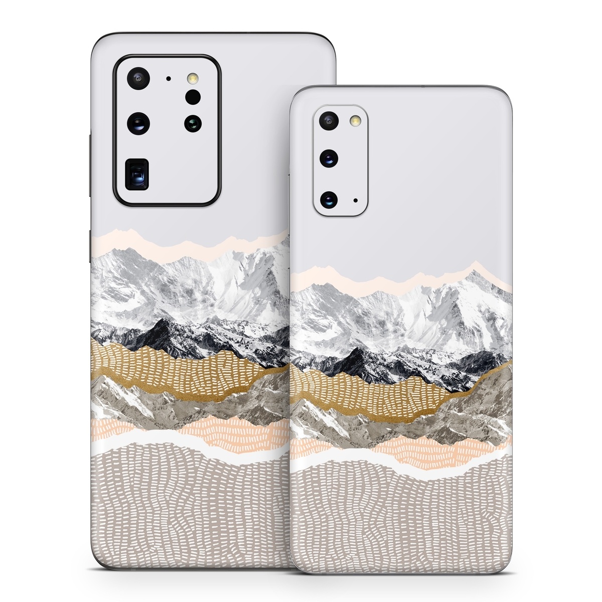 Samsung Galaxy S20 Series Skin design of White, Mountainous landforms, Mountain, Mountain range, Glacial landform, Geological phenomenon, Sky, Ridge, Geology, Glacier, with white, yellow, brown, gray, black colors