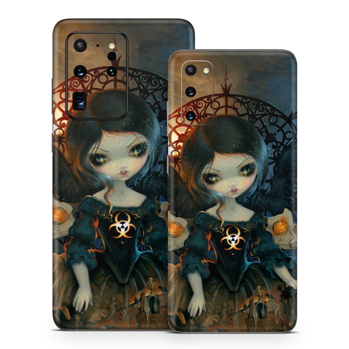 Samsung Galaxy S20 Series Skin design of Doll, Head, Illustration, Eye, Cg artwork, Fictional character, Toy, Iris, Art, Mythology, with brown, red, black, orange, blue, yellow colors