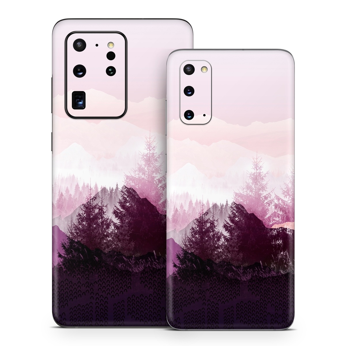 Samsung Galaxy S20 Series Skin design of Sky, Purple, Atmospheric phenomenon, Pink, Natural landscape, Violet, Mountain, Tree, Morning, Mountain range, with white, purple, black, pink colors