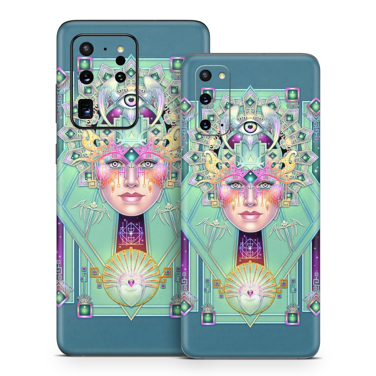 Samsung Galaxy S20 Series Skin design of Head, Eye, Eyelash, Font, Art, Magenta, Rectangle, Painting, Illustration, Pattern, with blue, green, yellow, red, purple, white colors
