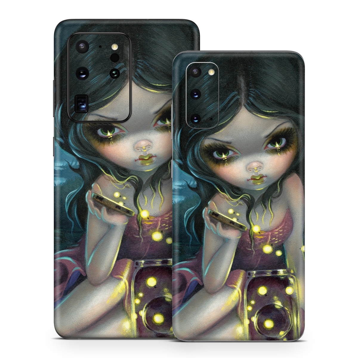 Samsung Galaxy S20 Series Skin design of Cg artwork, Illustration, Fictional character, Art, Iris, Black hair, Fawn, Mythology, Fiction, with blue, green, pink, yellow, black, white colors