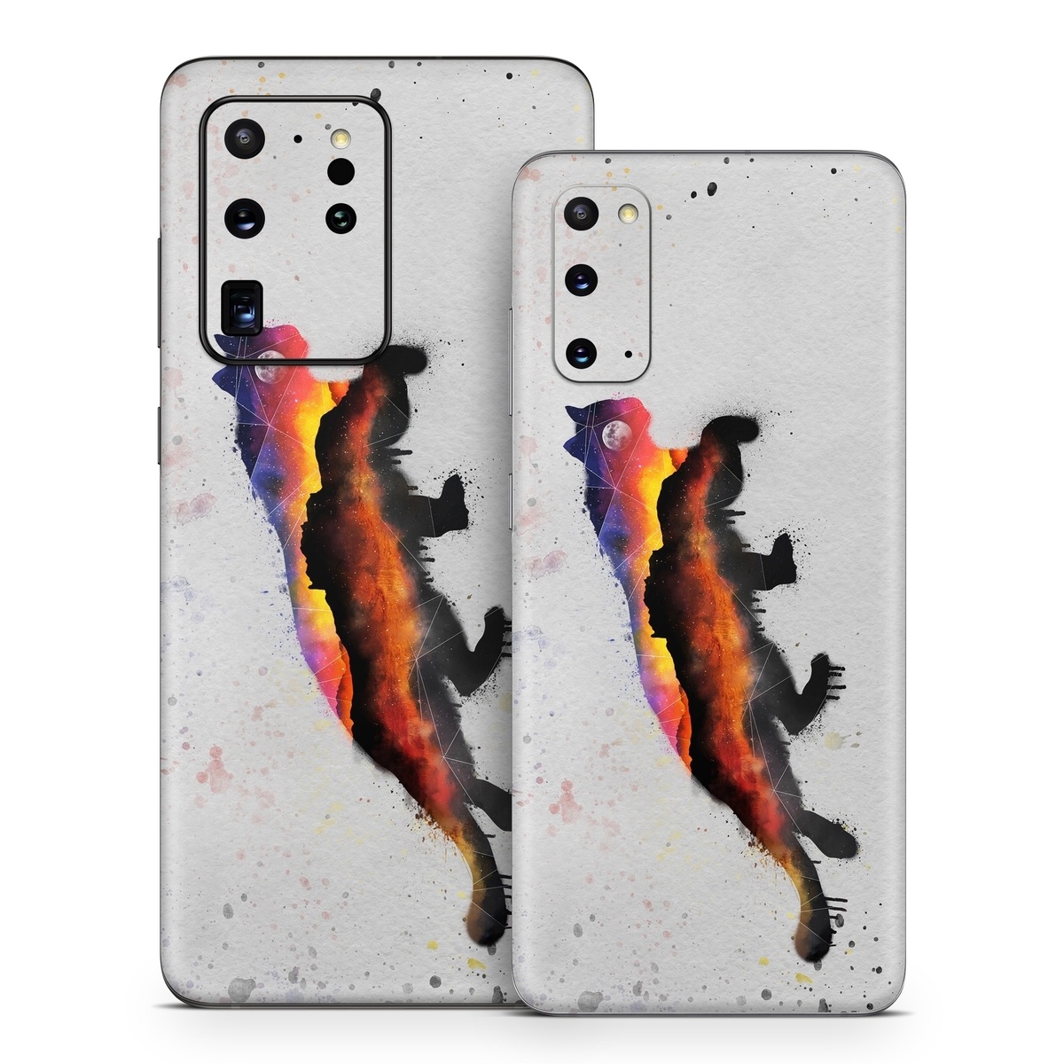Samsung Galaxy S20 Series Skin design of Illustration, Watercolor paint, Art, Tail, Painting, Drawing, Acrylic paint, Geological phenomenon, Red fox, Paint, with gray, black, red, yellow, orange, white colors