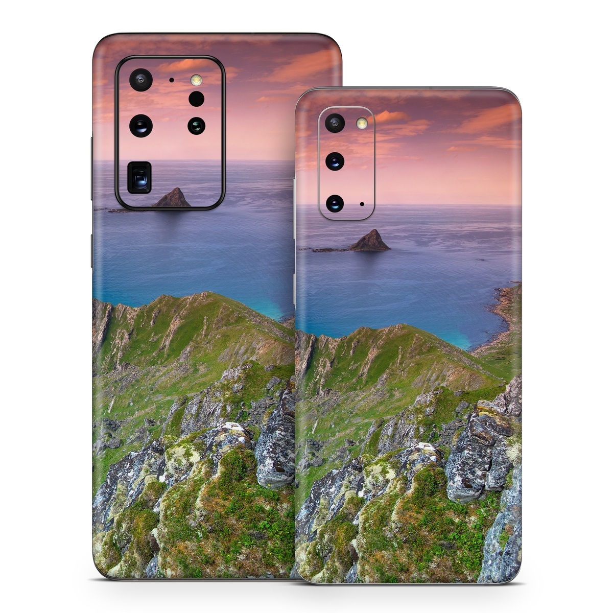 Samsung Galaxy S20 Series Skin design of Body of water, Nature, Sky, Coast, Sea, Headland, Natural landscape, Promontory, Coastal and oceanic landforms, Cliff, with red, orange, green, blue, yellow colors