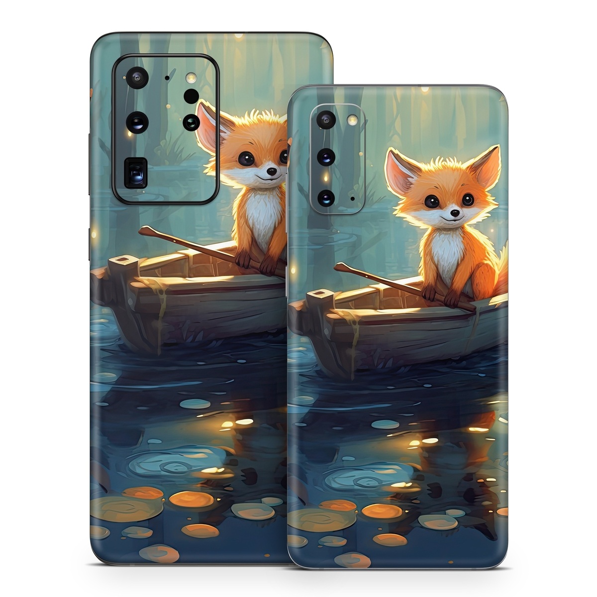 Samsung Galaxy S20 Series Skin design of Water, Boat, Light, Nature, Organism, Orange, Cartoon, Watercraft, Art, Plant, with blue, yellow, orange, white, black, gray, green, brown colors