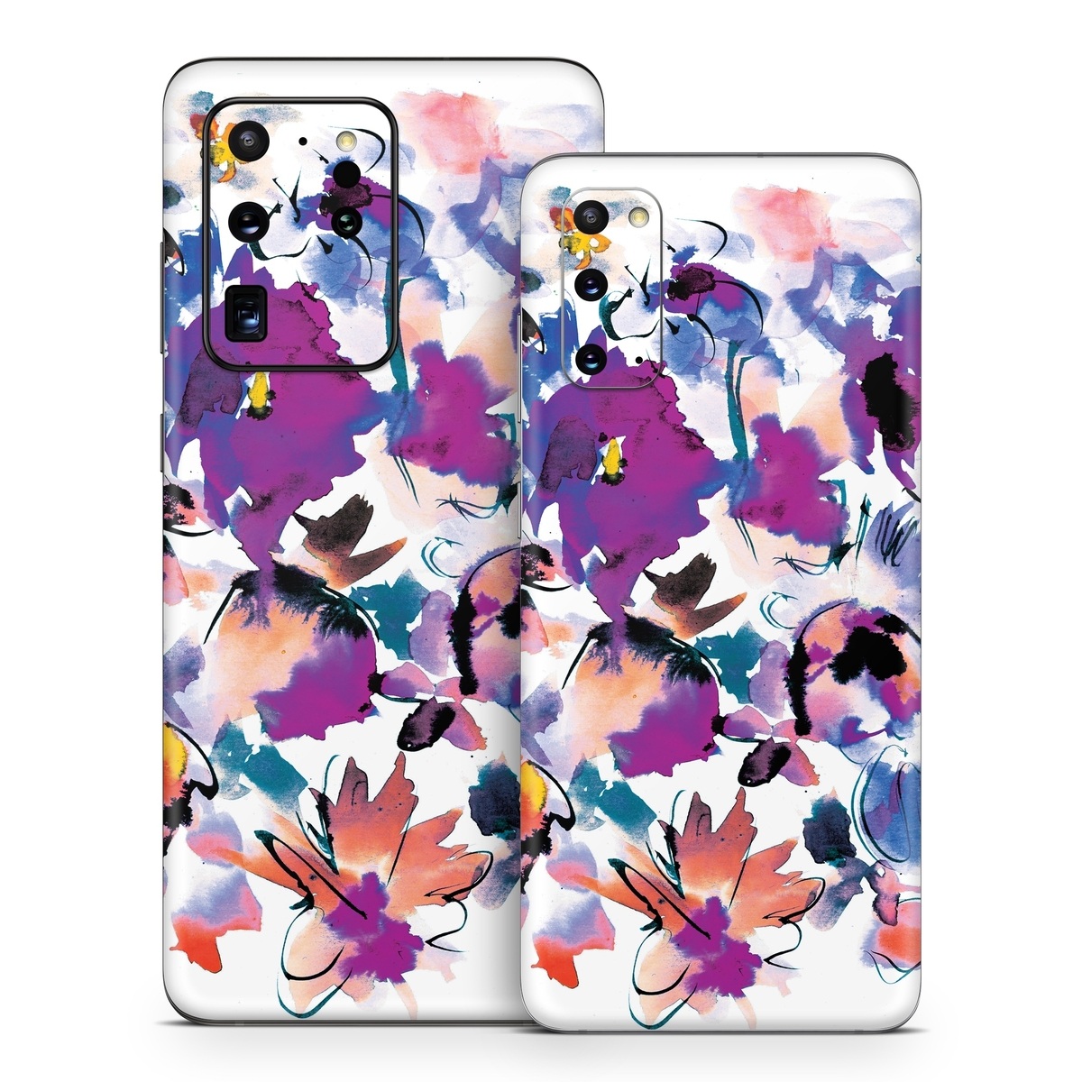 Samsung Galaxy S20 Series Skin design of Product, Purple, Illustration, Graphic design, Plant, Clip art, Flower, Graphics, Wildflower, Watercolor paint, with white, purple, pink, yellow, blue, black colors
