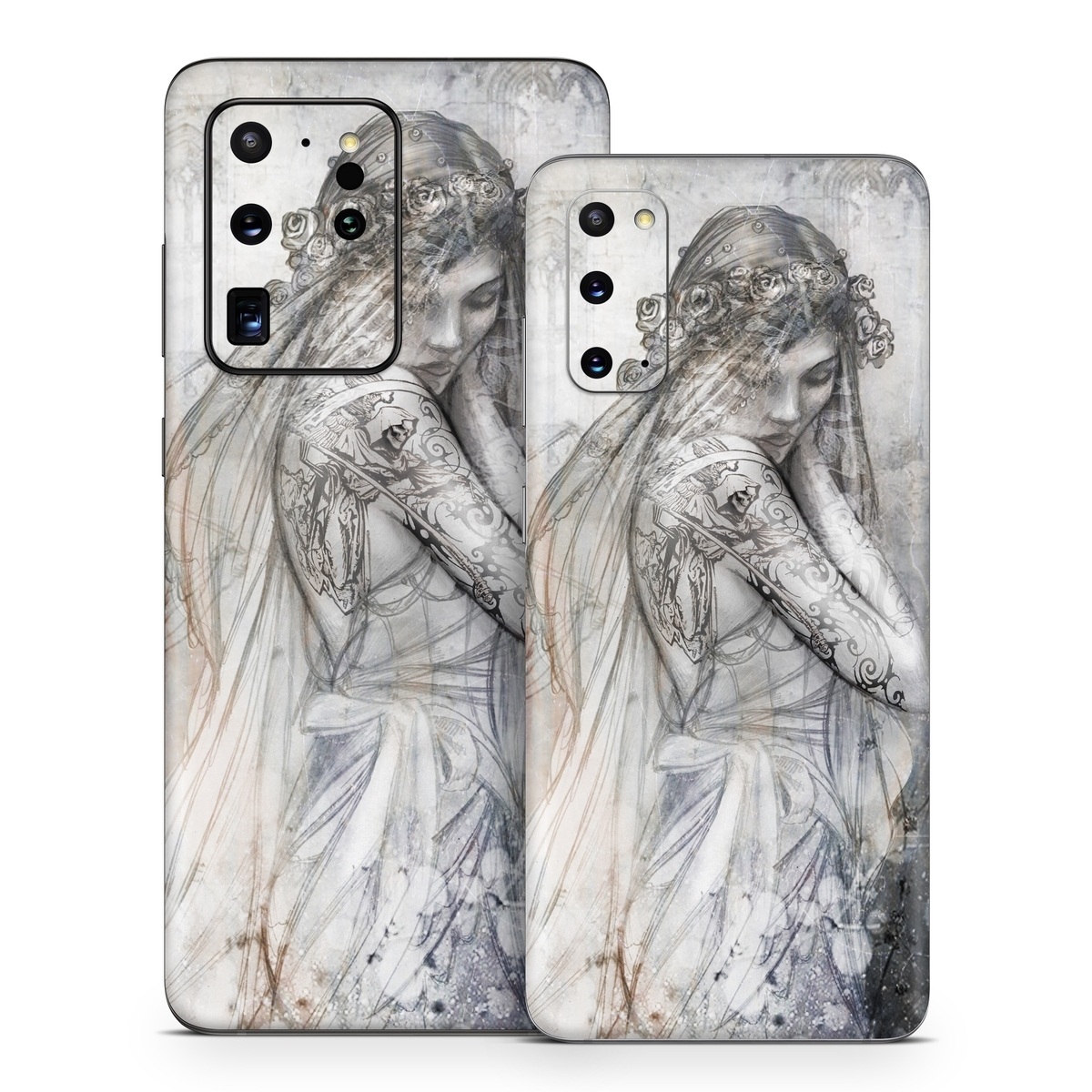 Samsung Galaxy S20 Series Skin design of Lady, Art, Illustration, Drawing, Painting, Sketch, Mythology, Figure drawing, Long hair, Visual arts, with white, gray, black colors