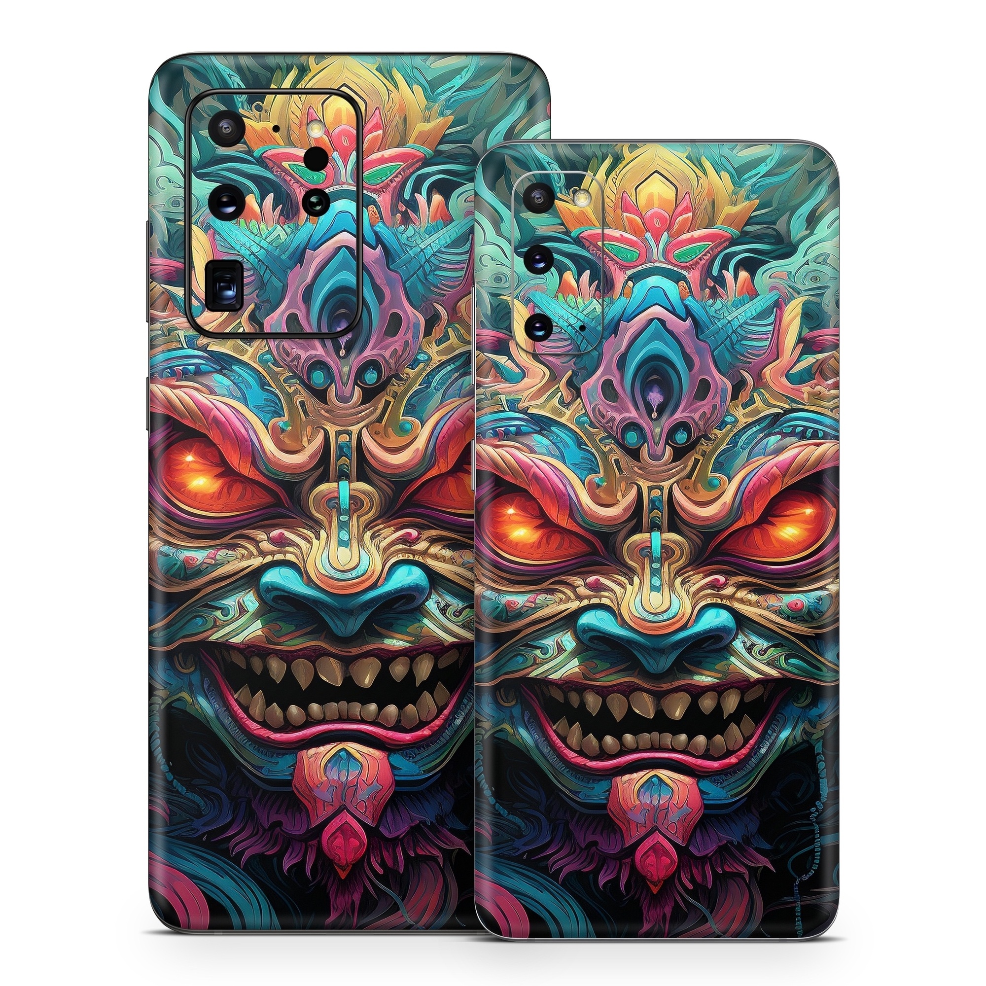 Samsung Galaxy S20 Series Skin design of Head, Eye, Human body, Art, Painting, Symmetry, Pattern, Paint, Magenta, Visual arts, with green, blue, yellow, orange, red, white, purple, black, gray colors