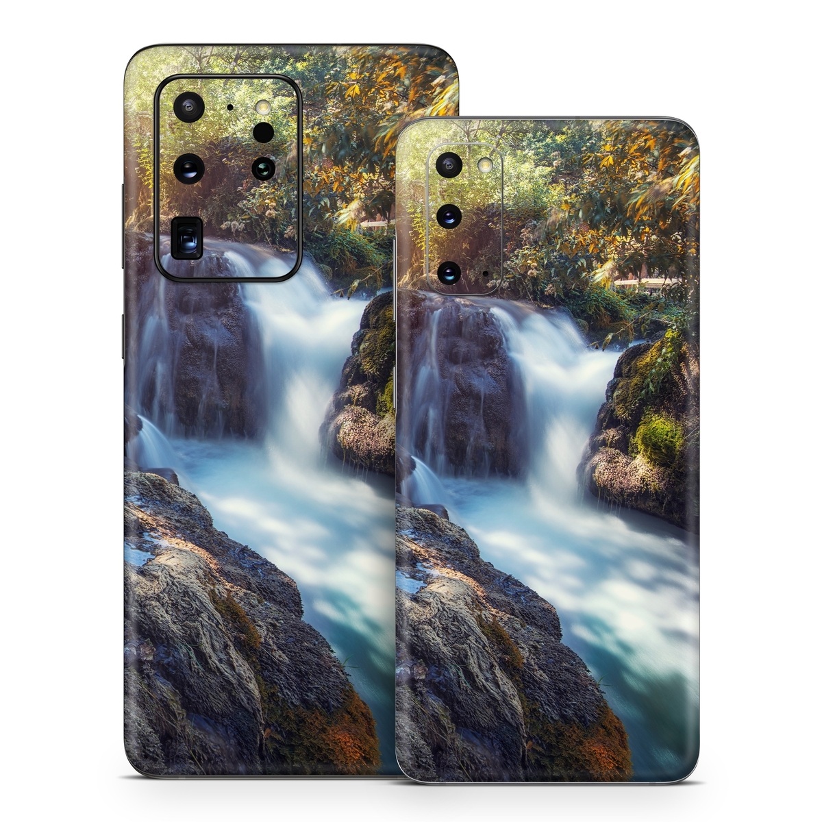 Samsung Galaxy S20 Series Skin design of Waterfall, Natural landscape, Body of water, Nature, Water resources, Water, Watercourse, Stream, Nature reserve, Rock, with gray, yellow, orange, green, white, blue colors