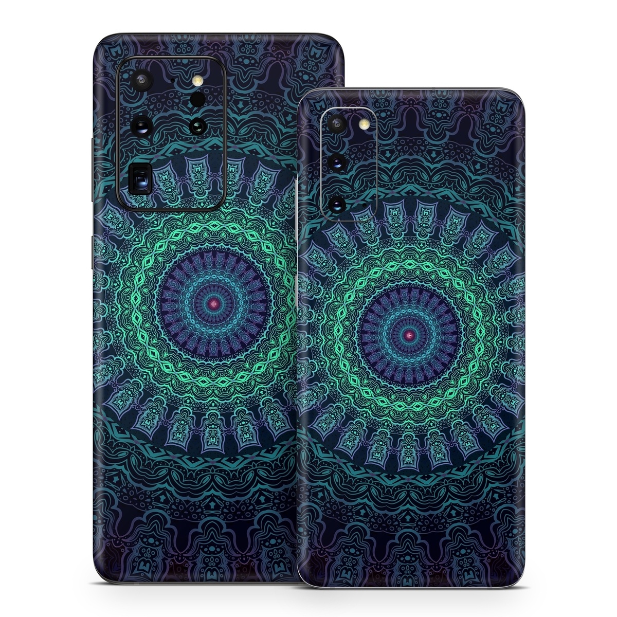 Samsung Galaxy S20 Series Skin design of Colorfulness, Blue, Green, Pattern, Teal, Turquoise, Art, Electric Blue, Aqua, Circle, Majorelle Blue, Visual Arts, Fractal Art, Design, Symmetry, Psychedelic Art, Graphics, Kaleidoscope, Motif, with black, green, red colors