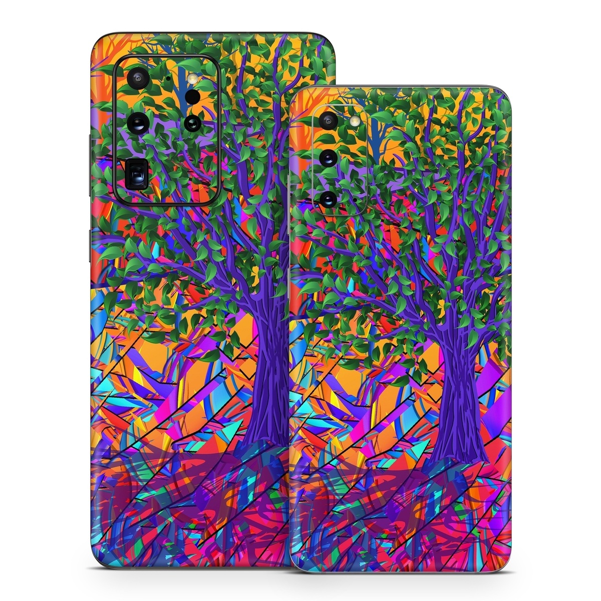 Samsung Galaxy S20 Series Skin design of Psychedelic art, Pattern, Visual arts, Art, Plant, Acrylic paint, Modern art, with green, purple, orange, blue, purple, yellow, red colors