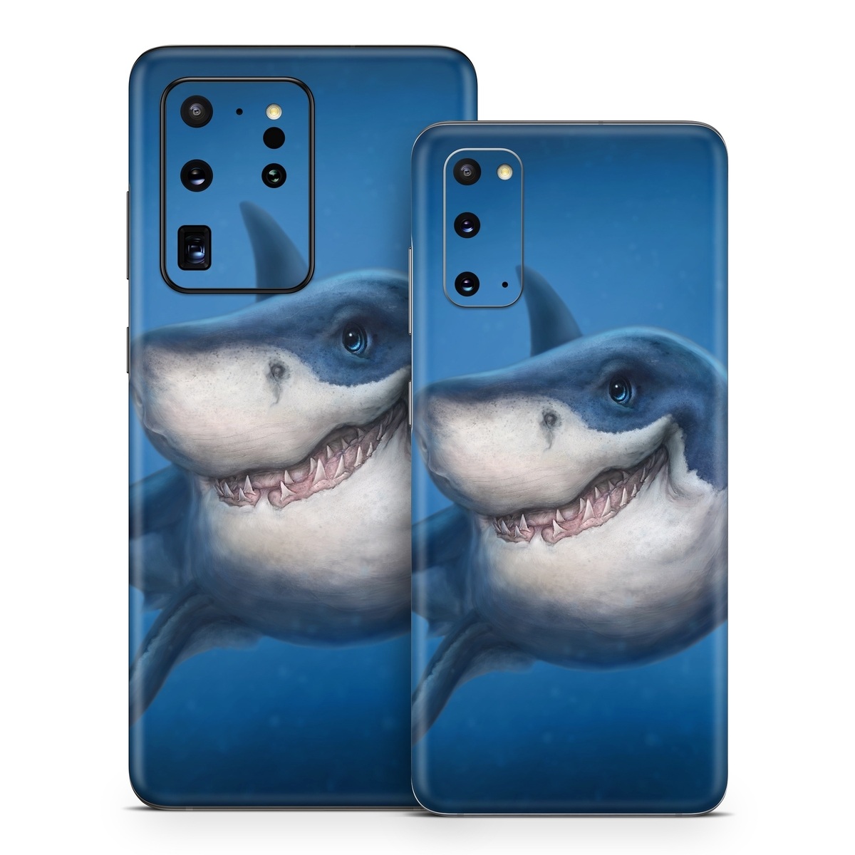 Samsung Galaxy S20 Series Skin design of Fish, Great white shark, Shark, Tiger shark, Cartilaginous fish, Requiem shark, Lamniformes, Bull shark, Carcharhiniformes, with black, blue, gray colors