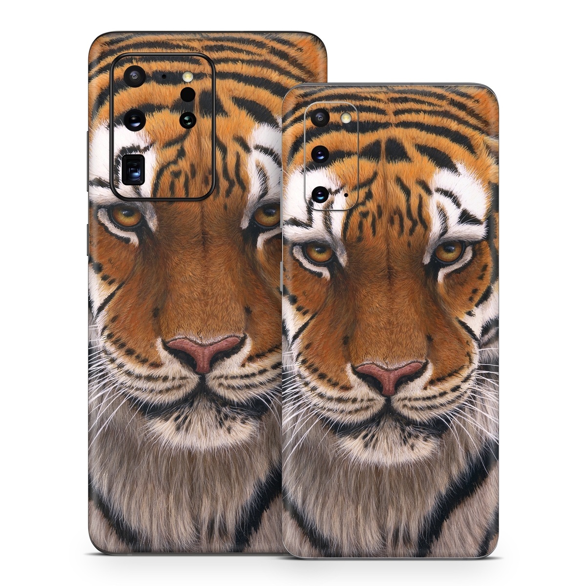 Samsung Galaxy S20 Series Skin design of Tiger, Mammal, Wildlife, Terrestrial animal, Vertebrate, Bengal tiger, Whiskers, Siberian tiger, Felidae, Snout, with black, gray, red, green, pink colors