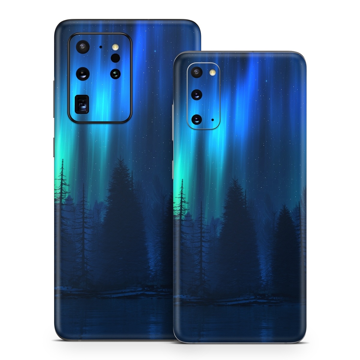 Samsung Galaxy S20 Series Skin design of Blue, Light, Natural environment, Tree, Sky, Forest, Darkness, Aurora, Night, Electric blue, with black, blue colors