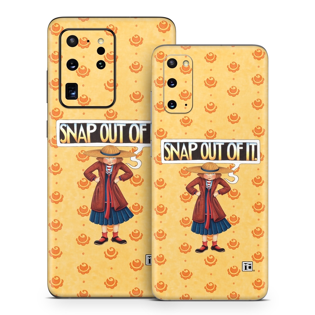 Samsung Galaxy S20 Series Skin design of Cartoon, Illustration, Poster, Animated cartoon, Fiction, Anime, Art, Fictional character, Games, with pink, orange, black, red, gray, white colors
