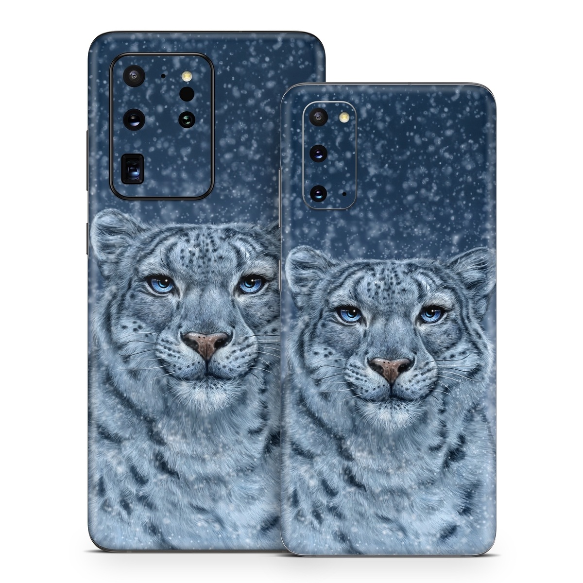 Samsung Galaxy S20 Series Skin design of Snow, Carnivore, Felidae, Whiskers, Terrestrial animal, Snout, Big cats, Painting, Fur, Illustration, with white, black, blue, gray colors