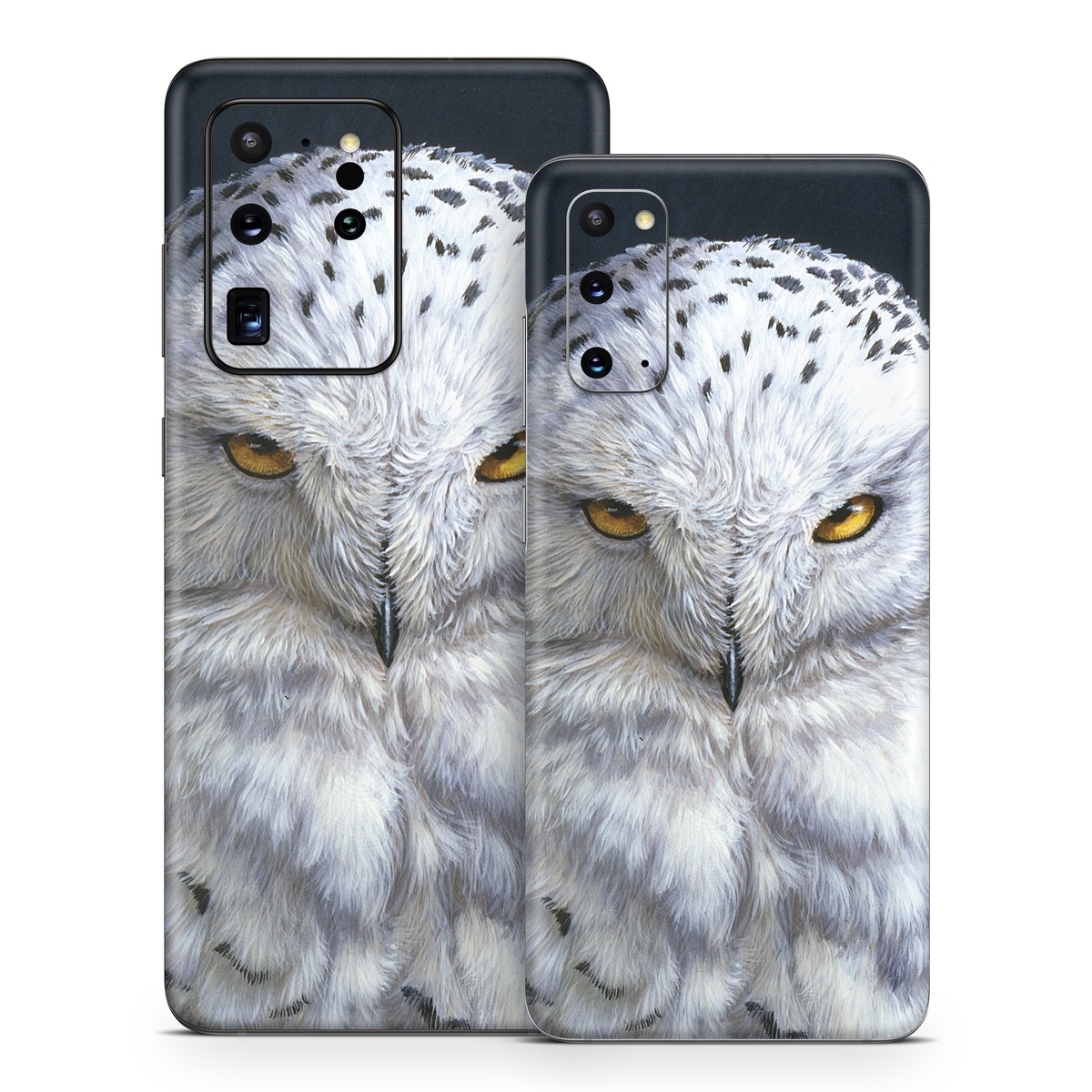 Samsung Galaxy S20 Series Skin design of Owl, Bird, Bird of prey, Snowy owl, great grey owl, Close-up, Eye, Snout, Wildlife, Eastern Screech owl, with gray, white, black, blue, purple colors
