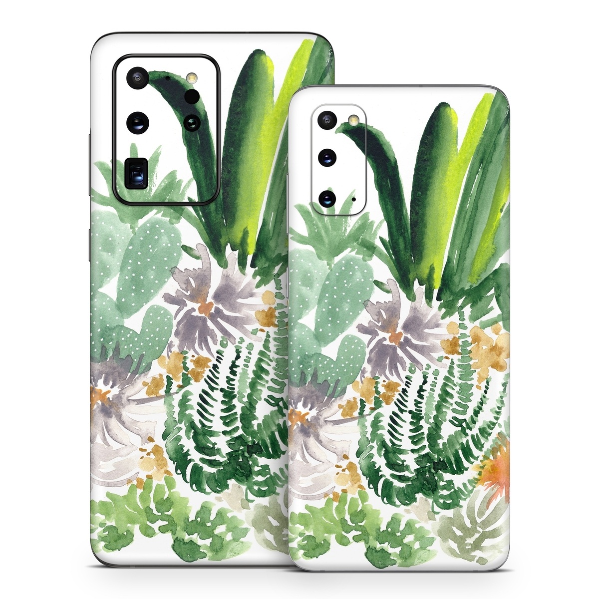 Samsung Galaxy S20 Series Skin design of Cactus, Plant, Flower, Botany, Leaf, Illustration, Pine, Grass, Succulent plant, Branch, with white, green, red, orange colors
