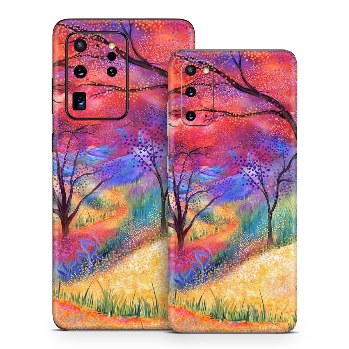 Samsung Galaxy S20 Series Skin design of Plant, Art paint, Paint, Botany, Natural environment, Natural landscape, Leaf, Branch, People in nature, Tree, with red, blue, yellow, green, purple, orange, black, white colors