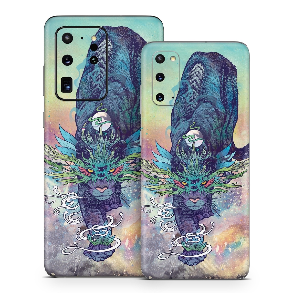 Samsung Galaxy S20 Series Skin design of Illustration, Fictional character, Graphic design, Demon, Art, Fiction, Cg artwork, Supernatural creature, with blue, green, black, white, yellow, orange, pink, purple colors