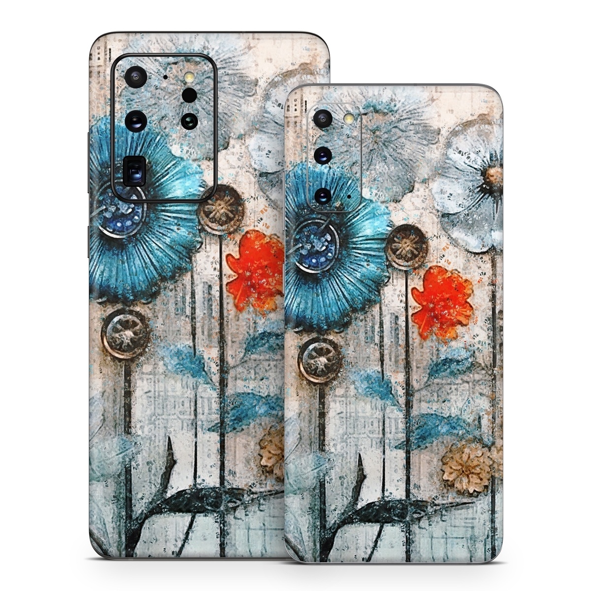 Samsung Galaxy S20 Series Skin design of Plant, Blue, Petal, Textile, Paint, Flower, Art, Creative arts, Pattern, Rectangle, with white, brown, black, yellow, blue, red, gray colors